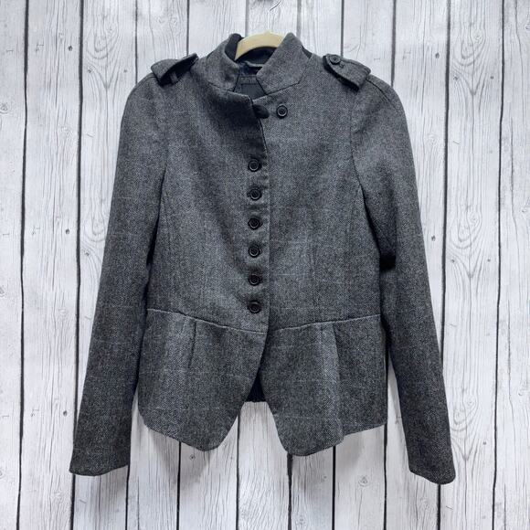 Zara Wool Blend Peplum Herringbone Military Blazer Jacket in Grey Size Medium - Picture 2 of 4